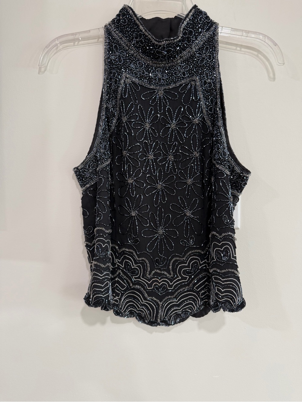 Papell Boutique Black100% Silk  Beaded Floral High-Neck Sleeveless Camisole